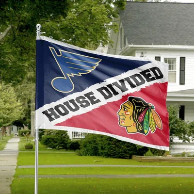 House Divided Blues Blackhawks Horizontal House Flag, Nhl Rivalry Banner, Hockey Fan Decor, Red Blue Gold Black Horizontal House Flag