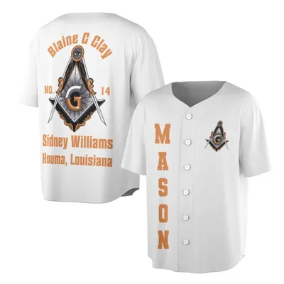 Masonic Baseball Jersey, Blaine C Clay No.14 Freemason Baseball Jersey, Houma Louisiana Lodge Outfit, White Orange Mason Jersey