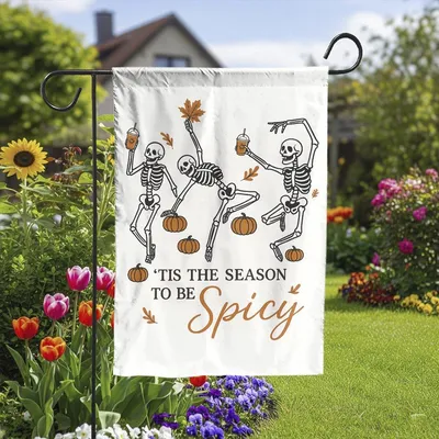 Funny Fall Garden Flag Dancing Skeletons With Pumpkin Spice Drinks ,'Tis The Season To Be Spicy – Autumn Yard Decor For Halloween Vertical Garden Flag