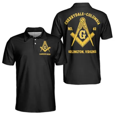 Freemason Polo Polo Shirt, Chippdale Columbia Lodge No. 42, Square Compass G Emblem, Arlington Va Chapter, Yellow Black Style