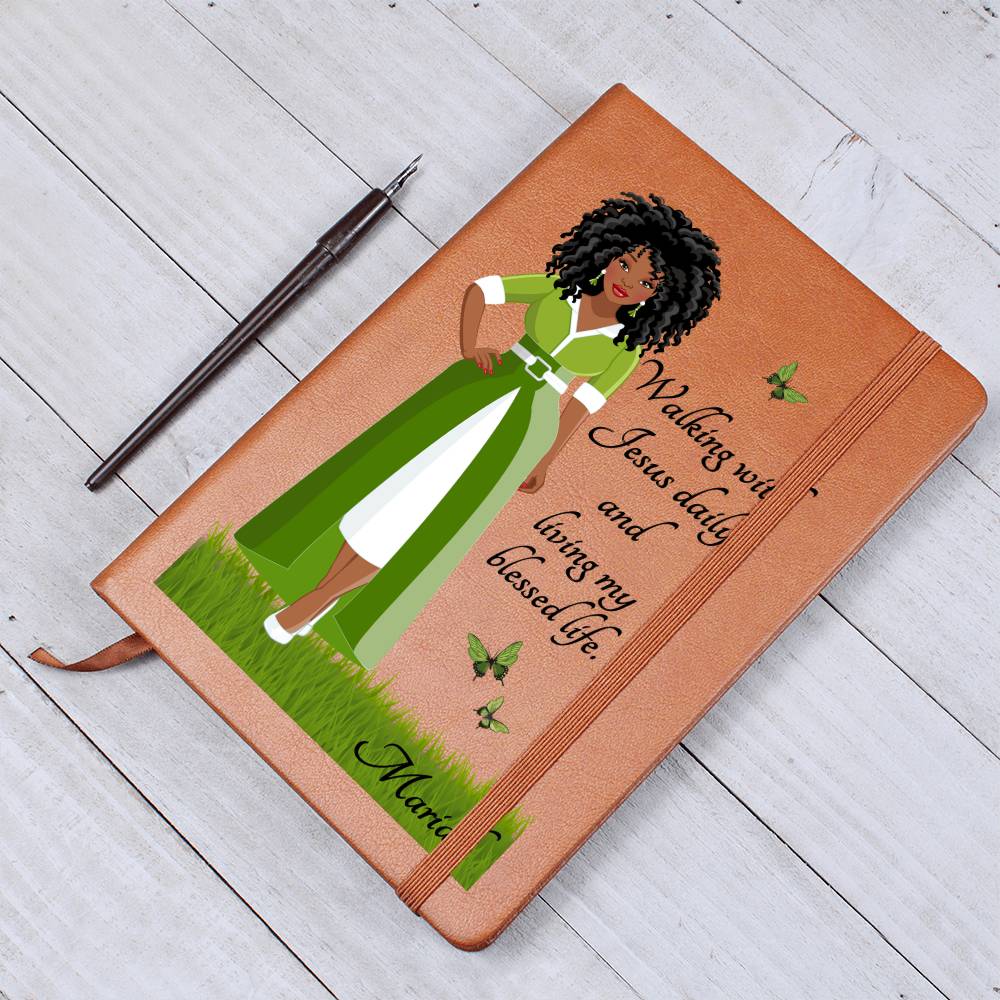 African American Woman Vegan Leather Writing Journal - Walking With Jesus - Graphic Journal