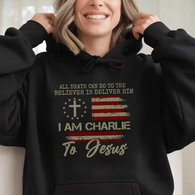 I Am Charlie Tribute Christian Hoodie, American Flag Cross Graphic Hoodie With Bible Verse, Faith Hoodie For Men