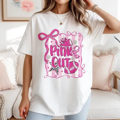 Preppy Football Pink Out T-Shirt Coquette Breast Cancer Awareness Gift Ribbon Cheer Football Mom T-Shirt Girly Game Day T-Shirt