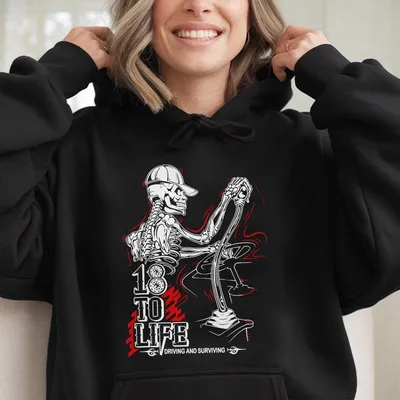 Peterbilt 18 To Life Skeleton Trucker Graphic, Edgy Diesel Lifestyle Streetwear, Bold Trucker For Highway Hauler Hoodie