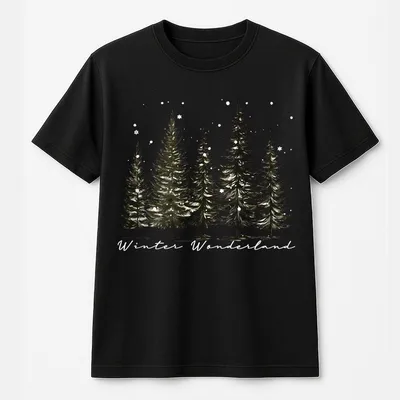 Winter Wonderland T-Shirt, Trendy Holiday T-Shirt, Retro Winter Forest T-Shirt, Winter Vibes T-Shirt, Evergreen Trees And Snowflakes