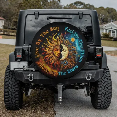 Sun And Moon Duality Spare Tire Cover - Celestial Spiritual Balance Art, Boho Yin Yang Stars Graphic, Universal Waterproof Tire Protector Spare Tire Cover