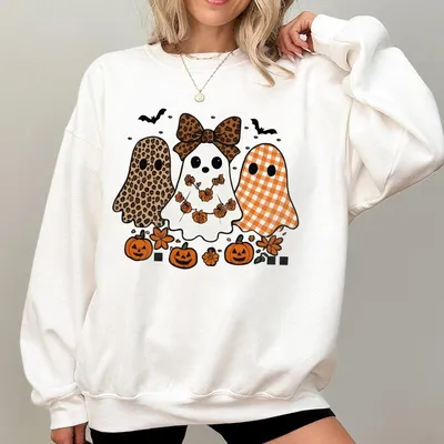 Cute Ghost Halloween Sweatshirt Leopard Plaid Ghost Sweatshirt Pumpkin Bow Spooky Season Sweatshirt