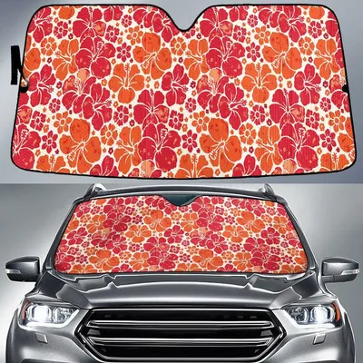 Red And Orange Hawaiian Hibiscus Flower White Theme Car Sun Shades Cover Auto Windshield PrintSyde