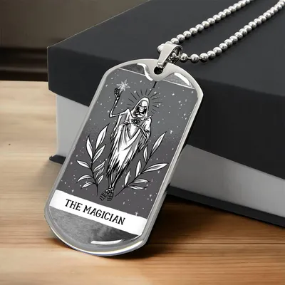 Tarot Card Necklace. Silver Or Gold. For Wiccans, Astrology, Zodiac, Spiritual, Best Friend. Boho. The Magician Card - Army Tag Necklace, Dog Tag