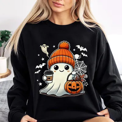 Halloween Ghost Coffee Pumpkin Sweatshirt, Cute Halloween Ghost Sweatshirt, Cute Halloween Ghost Holding Coffee Sweatshirt