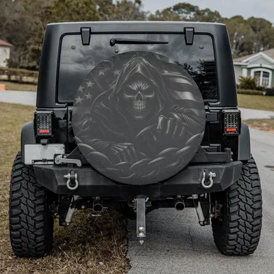 Grim Reaper Chained Us Flag Spare Tire Cover - Dark Gothic Biker Patriot Art, Skull & Chain Monochrome Graphic, Universal Waterproof Tire Protector Spare Tire Cover