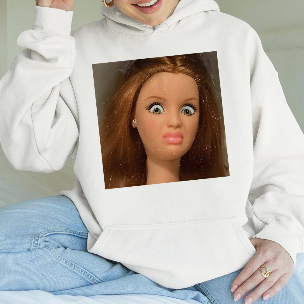 Funny Meme Hoodie With Shocked Doll Face Print Viral Facial Expression Hoodie For Sarcastic Humor Lovers Trendy
