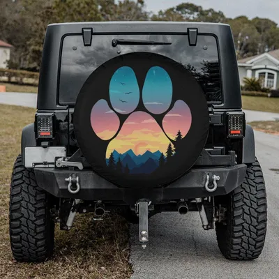 Paw Print Sunset Landscape Spare Tire Cover - Nature Mountain Pet Lover Art, Adventure Camping Graphic, Universal Waterproof Tire Protector Spare Tire Cover