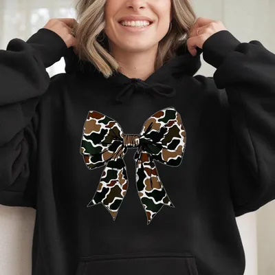 Camo Coquette Bow Hoodie Green Casual Unisex Hoodie With Camo Bow Round Neck Comfortable Fit For Womens