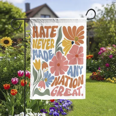 Retro 70s Floral Garden Flag, Hate Never Made Any Nation Great House Flag, Colorful Activism Decor Vertical Garden Flag