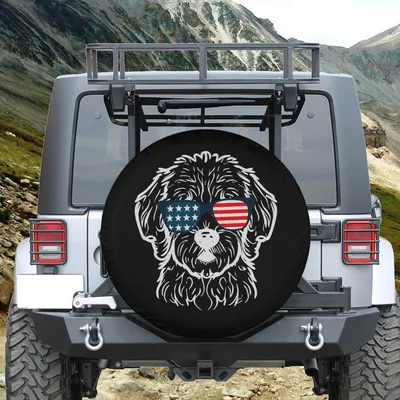 Golden Doodle Dog Spare Tire Cover, American Flag Design, Cute Pet Lover Car Accessory With Backup Camera Hole Spare Tire Cover