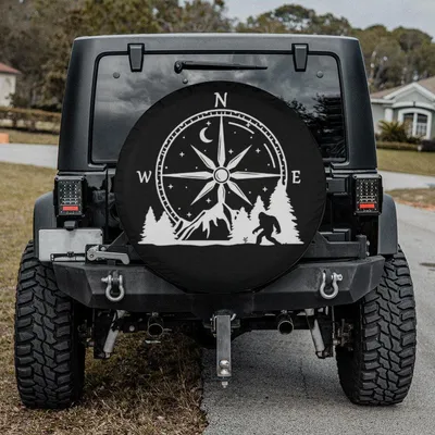 Bigfoot Compass Rose Spare Tire Cover - Monochrome Off-Road Sasquatch Art, Mountain Navigation Adventure Graphic, Universal Waterproof Tire Protector Spare Tire Cover