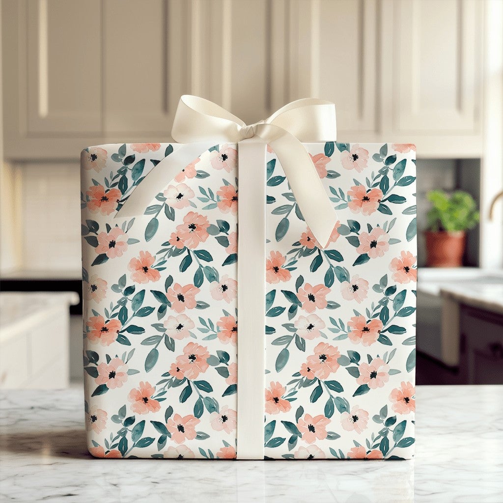 Watercolor Floral Gift Wrapping Paper | Peach Pink Flowers and Teal ...