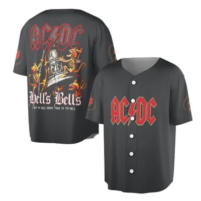 Acdc Hells Bells Baseball Jersey, Rock Band Baseball Jersey, Vintage Metal Streetwear, Black Red Flame Jersey