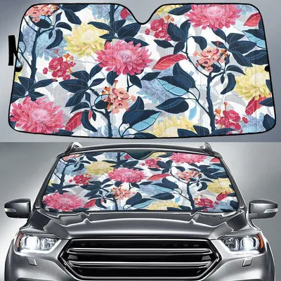 Art Floral Pattern Pink Yellow Blue Deep Leaves Printed Car Sun Shades Cover Auto Windshield PrintSyde