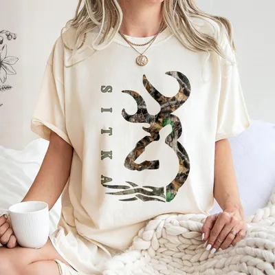 Camouflage Deer Head And Brand Logo T-Shirt For Women For Men Soft Round Neck Outdoor Casual Top For Hiking