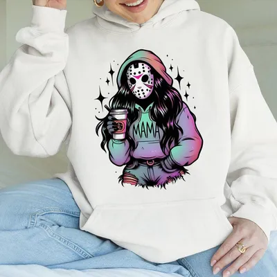 Halloween Spooky Mama Hoodie Fun Ghostface Girl In Coffee Graphic Hoodie Pumpkin Mama Hoodie Fall Coffee Hoodie