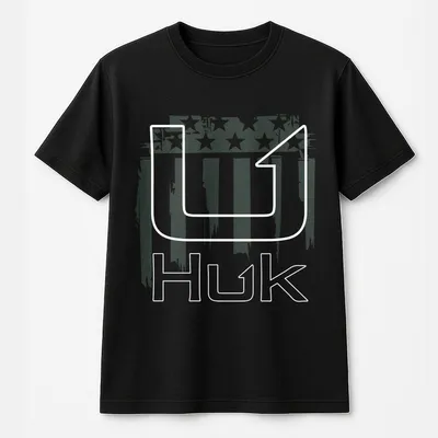Unisex Huk Fishing T-Shirt, Black With Bold Logo, American Flag Print, Warm Casual T-Shirt