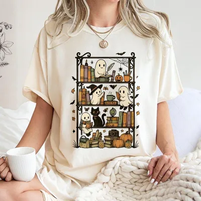 Ghost Book Reader T-Shirt, Boo Ghost Reading Book T-Shirt, Halloween Library T-Shirt, Book Lover Gift, Skeleton Book Club Reading Girl