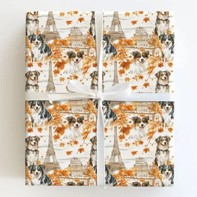 Paris with the Australian Shepherds - Gift Wrap for Christmas, Holidays Wrapping Paper, Christmas Wrapping Paper