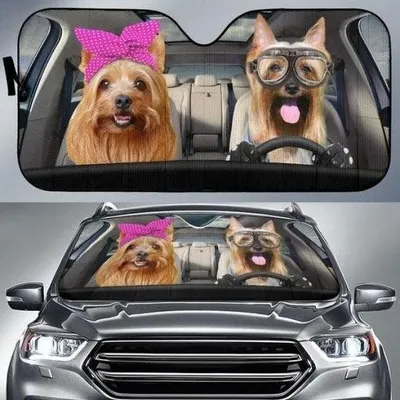 Couple Australian Silky Terrier Printed Car Sun Shade Cover Auto Windshield PrintSyde