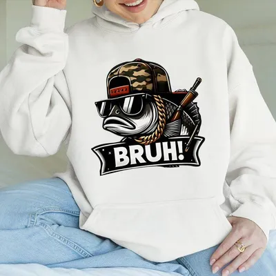 Cool Fish Graphic Hoodie With Camo Hat And Gold Chain For Fishing Streetwear Gifting Bruh Bass