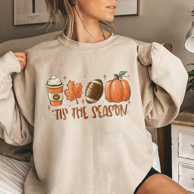 Tis The Season Fall Sweatshirt  Cozy Autumn Graphic With Coffee Maple Leaf Football And Pumpkin Tiktok Shop Store