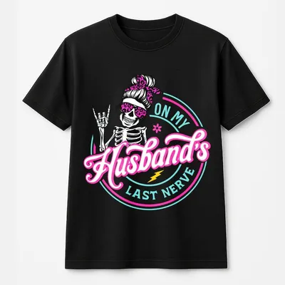 Women'S Casual Black Graphic T-Shirt On My Husband'S Last Nerve Round Neck T-Shirt With Colorful Skeleton & Floral Design
