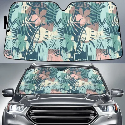 Stylized Hibicus And Tropical Leaves Sketchy Drawing Painting Car Sun Shades Cover Auto Windshield PrintSyde