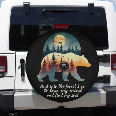 Into The Forest Bear Spare Tire Cover, Outdoorsy Quote Design, Wildlife Moon Wheel Protector, Hiking Nature Gift Spare Tire Cover