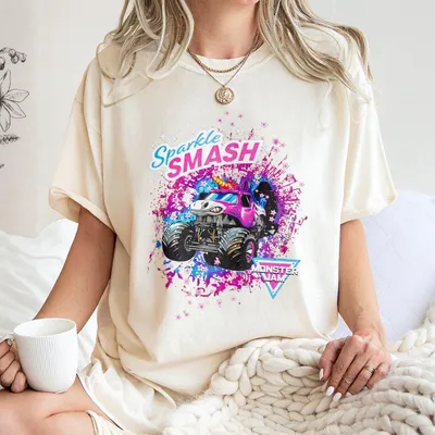 Sparkle Smash Monster Jam T-Shirt Cute Girls Unicorn Monster Truck T-Shirt Colorful Birthday Gift Pink Glitter Racing T-Shirt